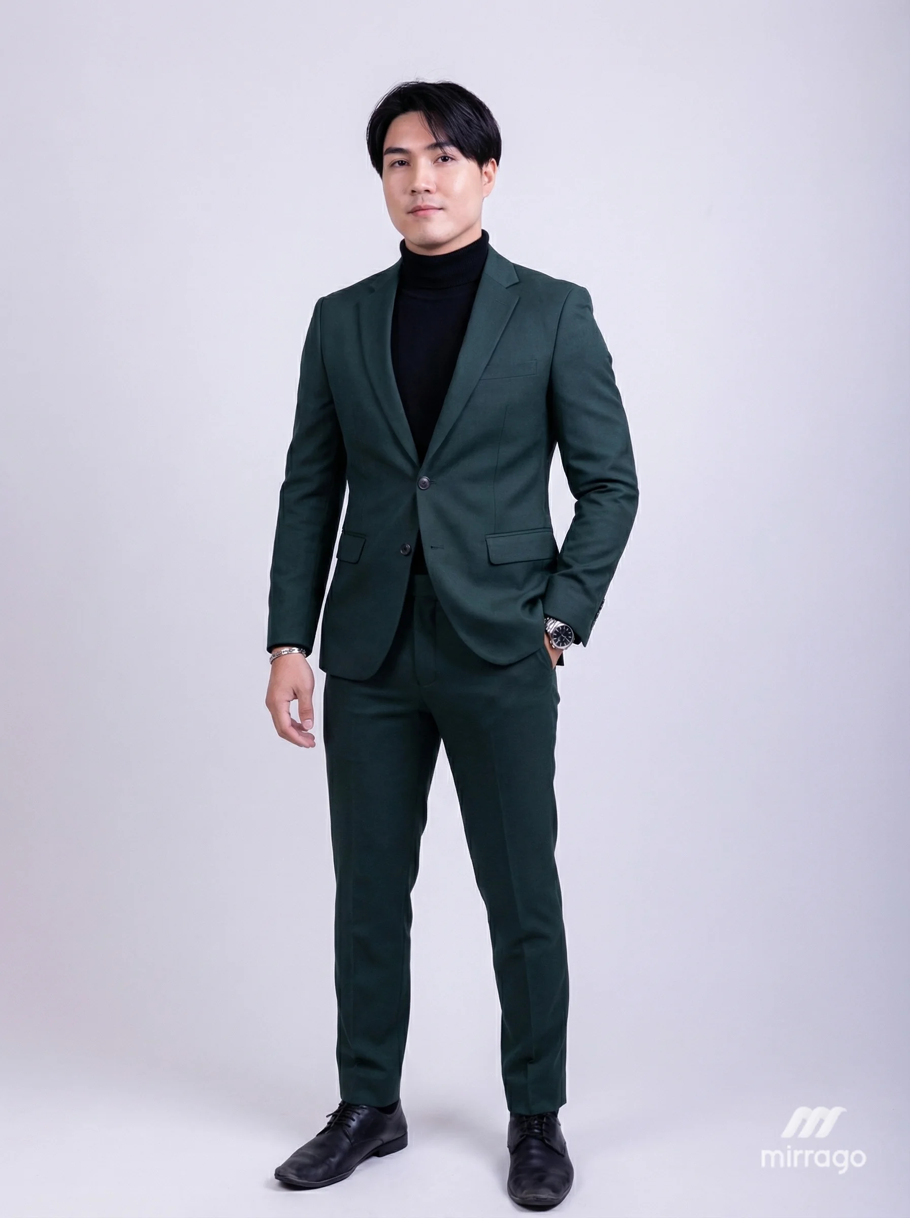 A virtual try-on result rendered by the Mirrago API: a shopper wearing a green suit