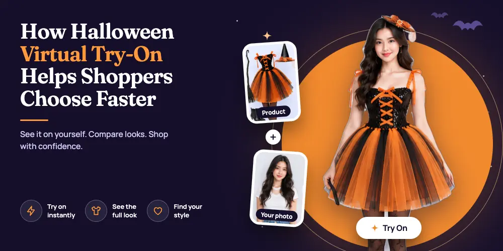 Mirrago virtual try-on showing a Halloween outfit rendered on a shopper’s photo
