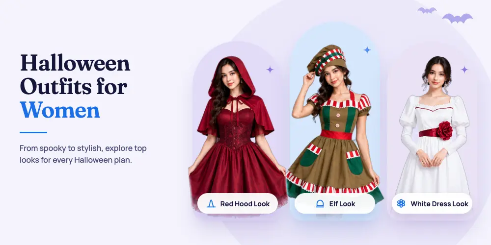 Halloween outfits for women try-on preview, witch cowgirl and party glam looks