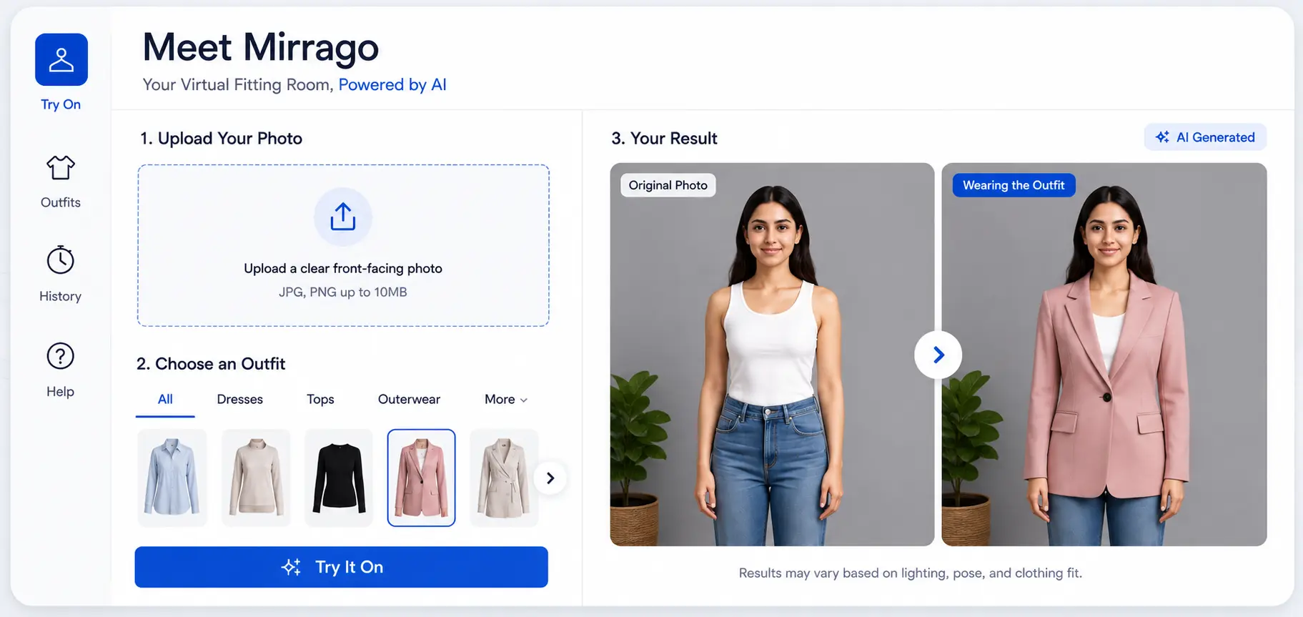 Mirrago virtual fitting room interface showing AI outfit result