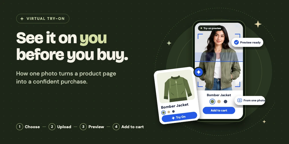 virtual try-on Shopify extension lets shoppers select a product, upload a photo, preview an outfit, and continue shopping.